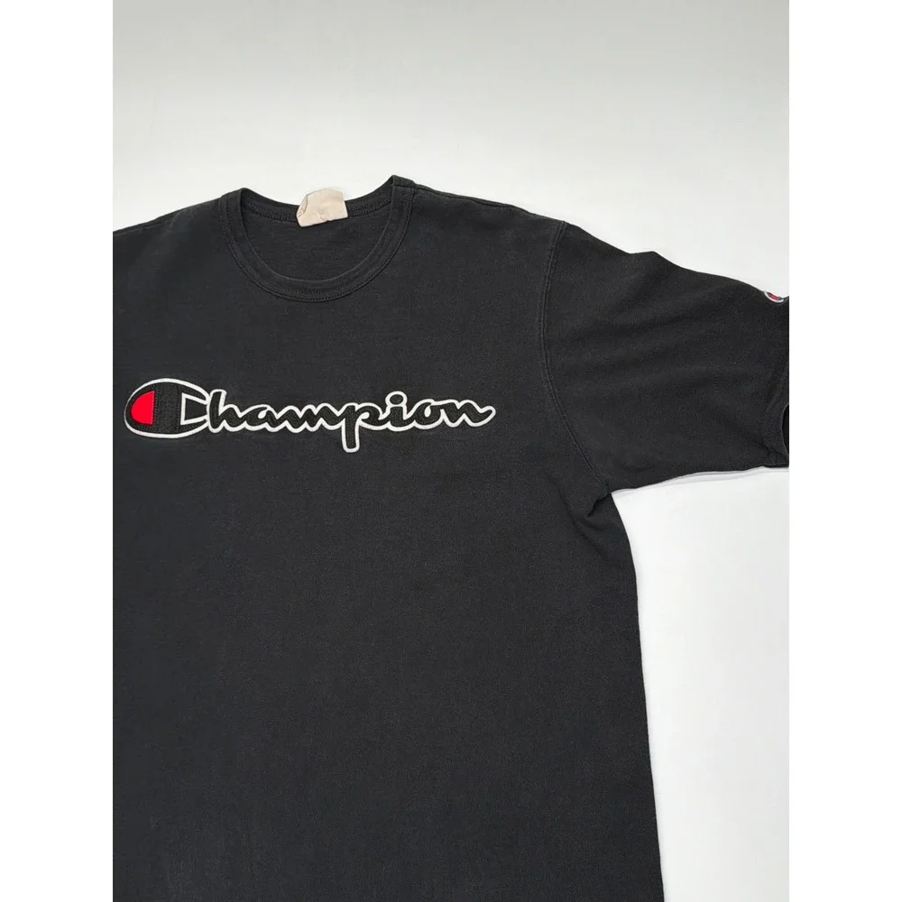 Champion Mens‎ Black Script Logo Graphic T-Shirt Short Sleeve Cotton Large - Picture 2 of 9